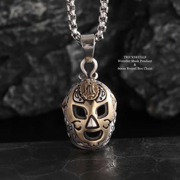 Wrestler Wrestling Mask Silver & Gold Pendant 60cm Stainless Round Box Chain - Picture 4 of 8